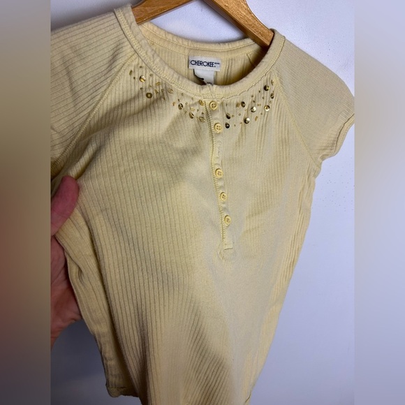 Y2K Cherokee Crop Butter Yellow Embellished Short Sleeve Top Size L Babydoll - Picture 2 of 11